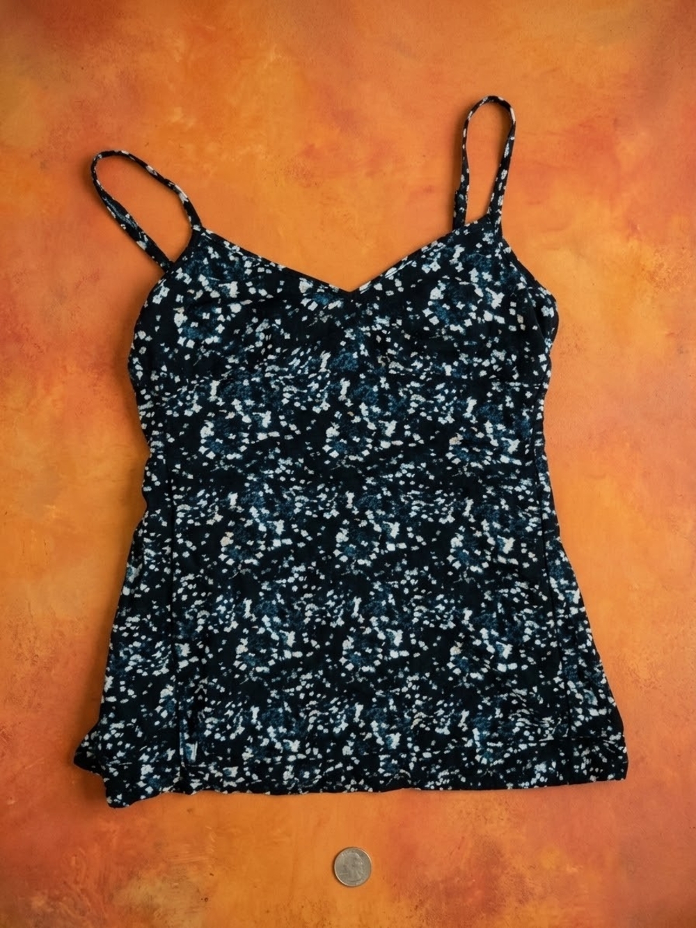 Sunday Best Black Spaghetti-Strap Cami with White and Blue Speckle Print